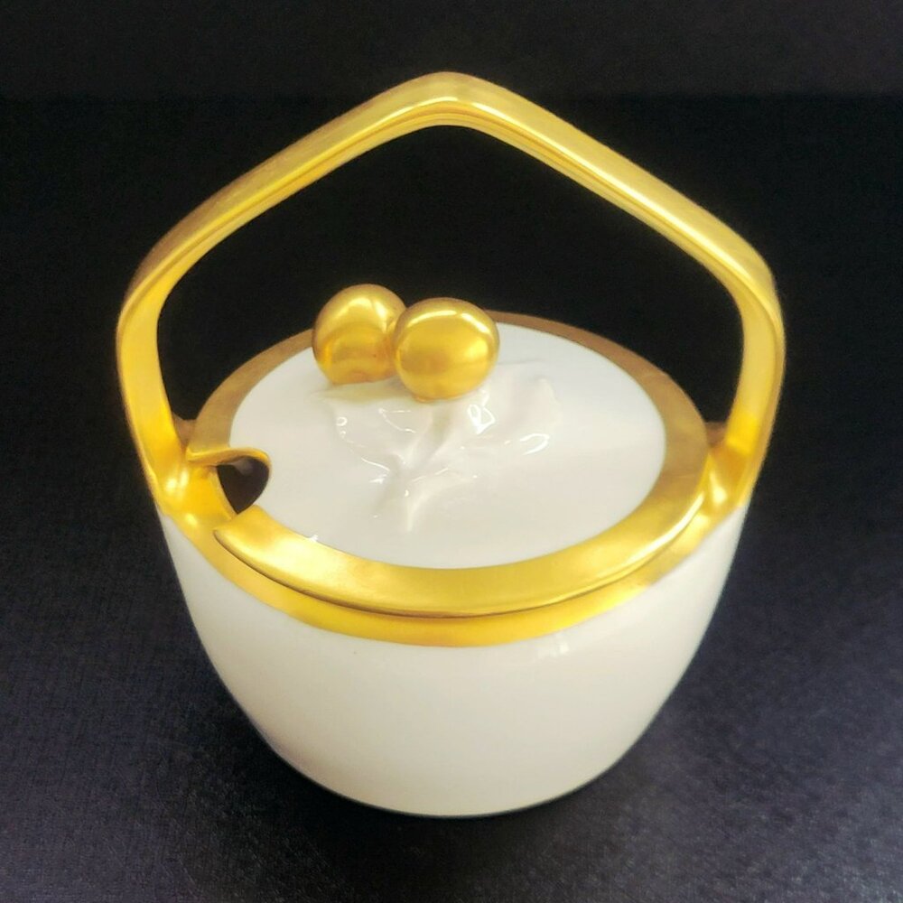 Vintage White & Heavy Gold Sugar Bowl or Jam Pot With Lid & Handle Embossed Leaf